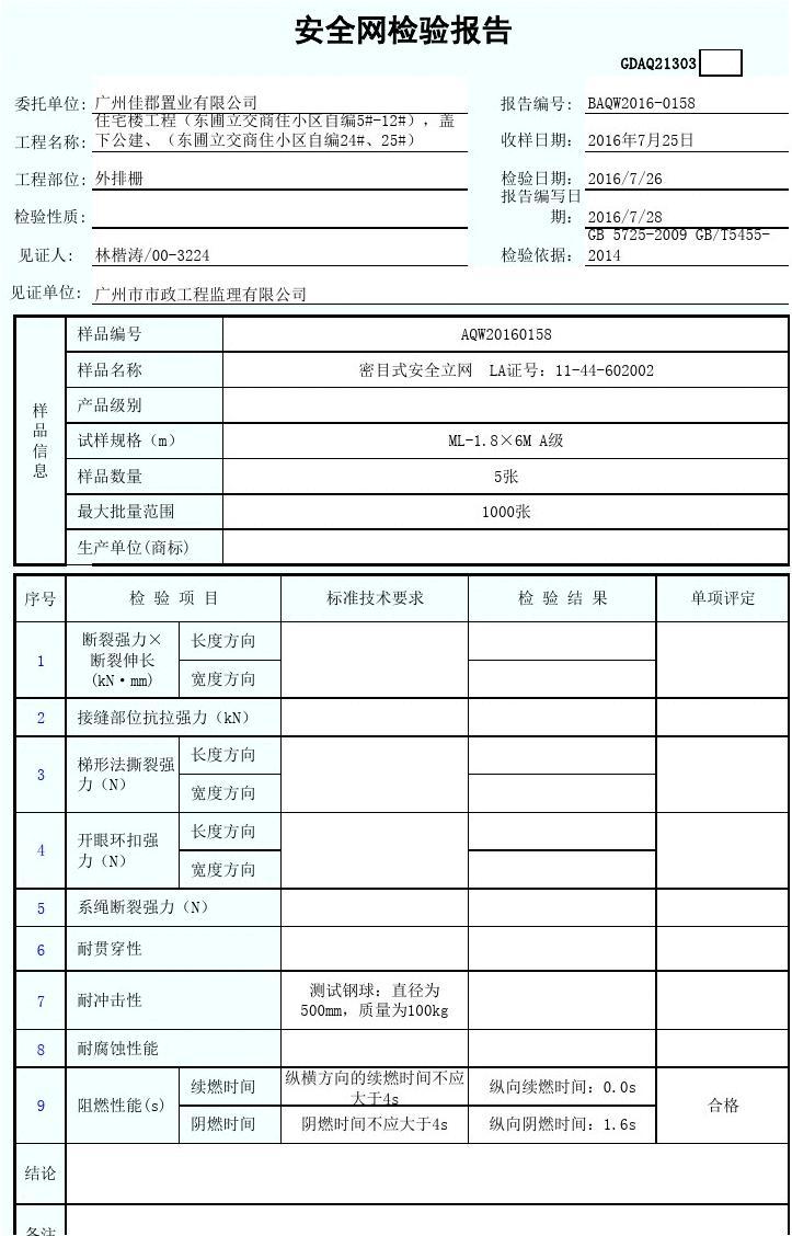 安全网检验标准表