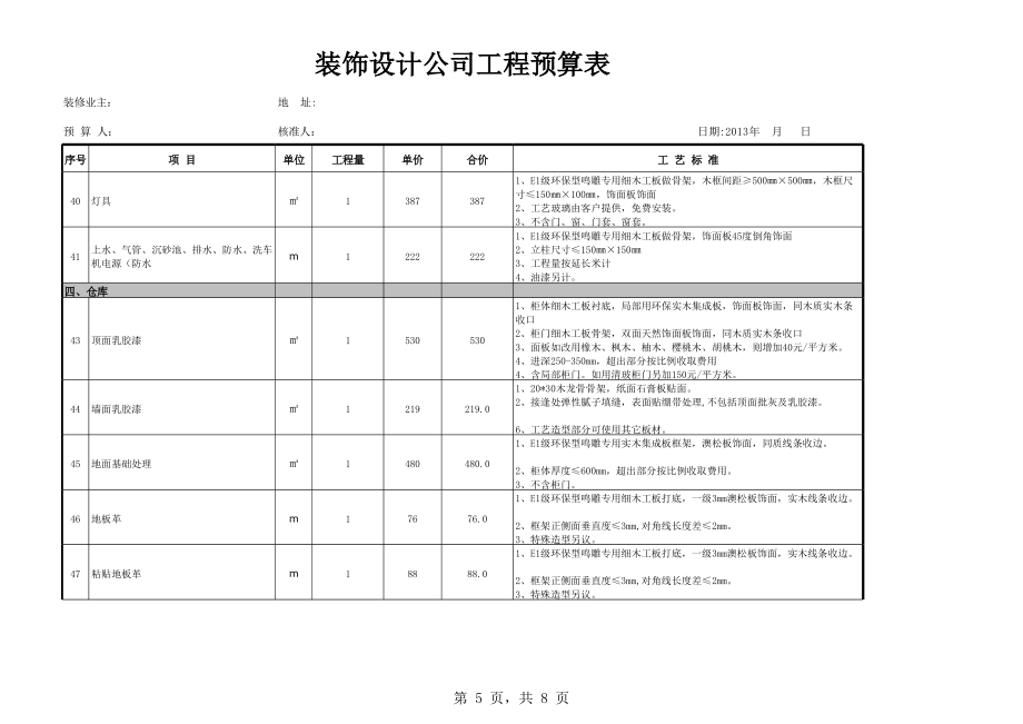 2013装修预算报价表