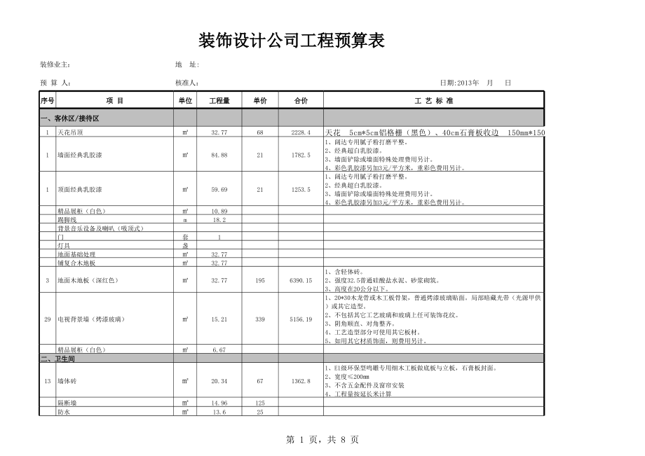 2013装修预算报价表